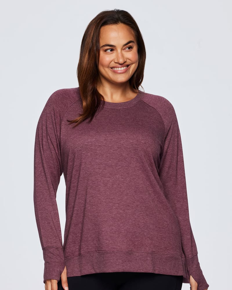 Front of a model wearing a size 1X Everyday Lightweight Sweatshirt in Dark Red by RBX Active. | dia_product_style_image_id:244874